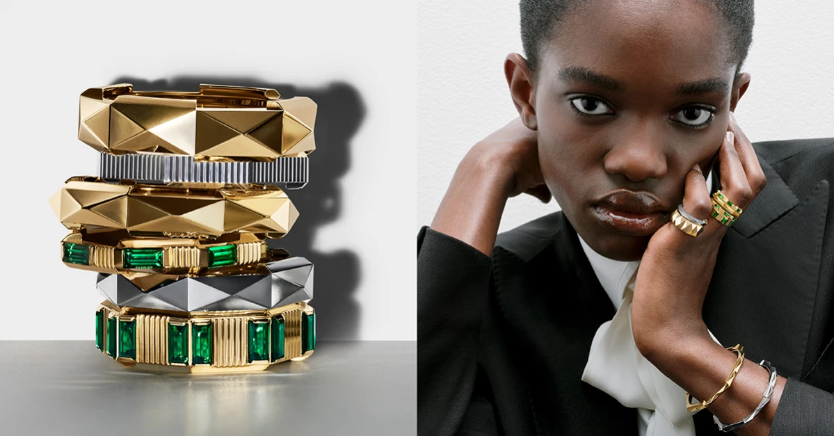 Gucci Link to Love rings in yellow and white gold plain and set with green tourmaline next to a shot of the same jewellery being worn by a female model