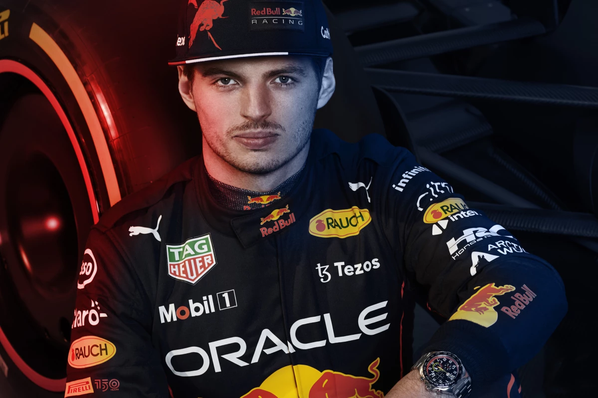 Red Bull Racing driver Max Verstappen wearing his the Tag Heuer X Red Bull Special Edition Formula 1 timepiece