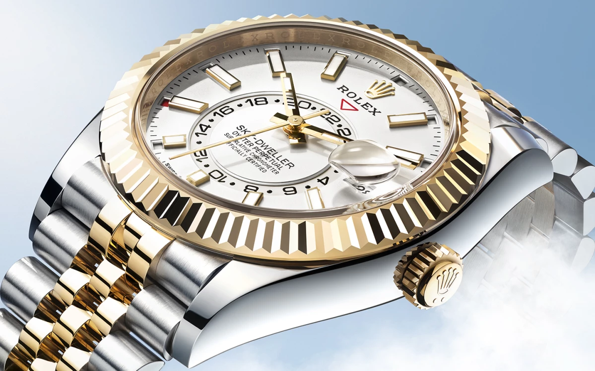 Rolex Sky-Dweller with a yellow gold case and intense white dial