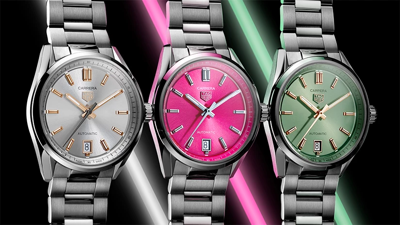 The all new TAG Heuer Carrera Date in silver, pastel green and vivid pink dial