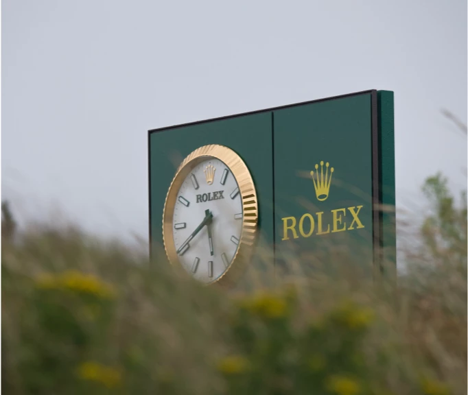 The iconic Rolex logo and clock on display at The Open
