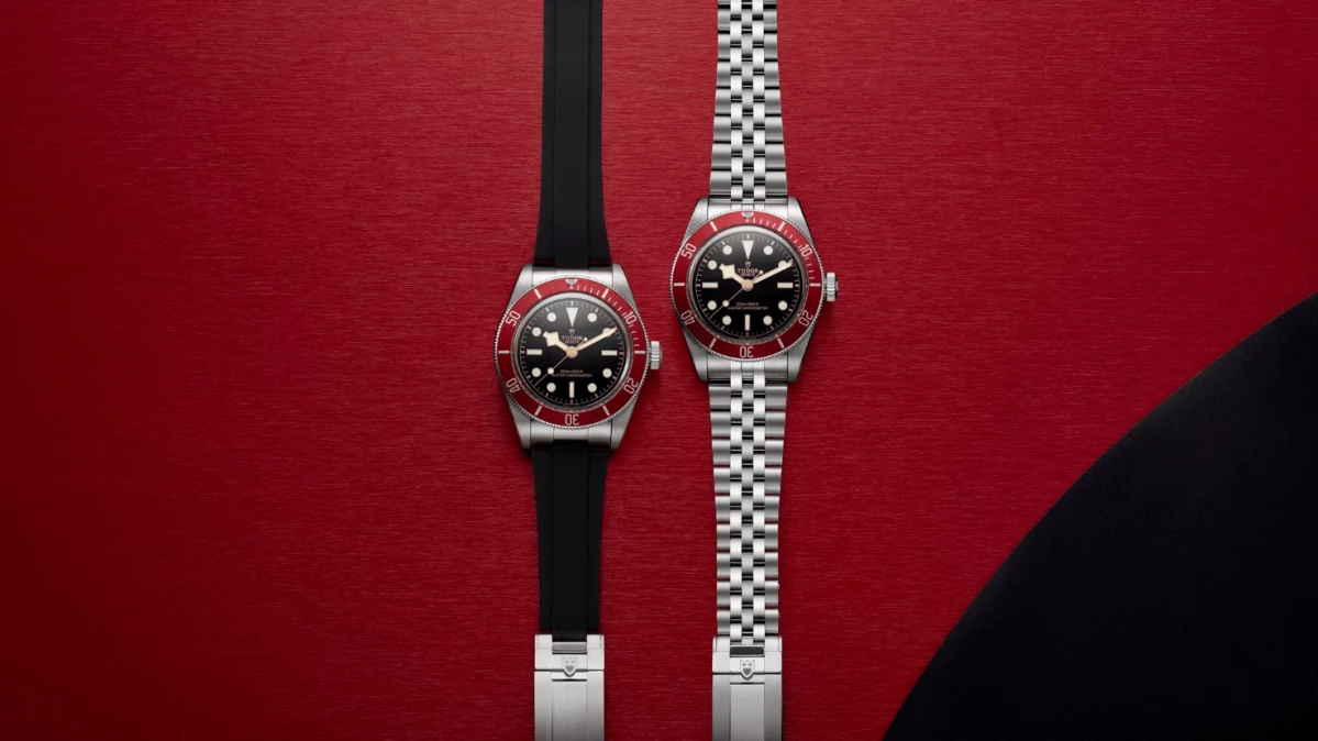 The bracelet and fabric strap configurations of the new Tudor Black Bay featuring a burgundy bezel.