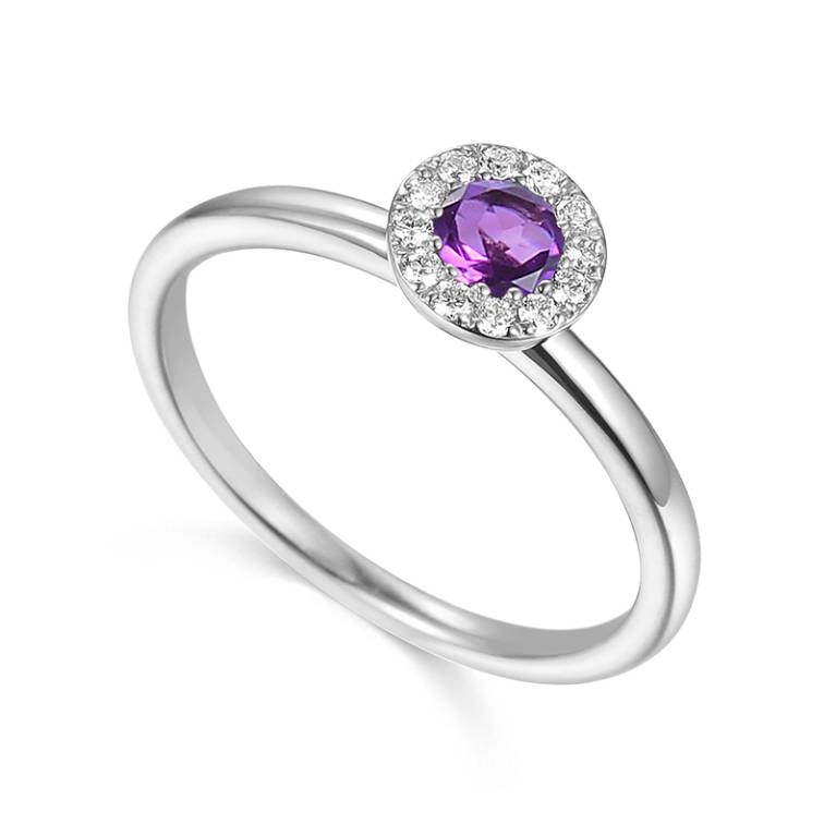 9ct White Gold Amethyst & Diamond Cluster Birthstone Collection Ring