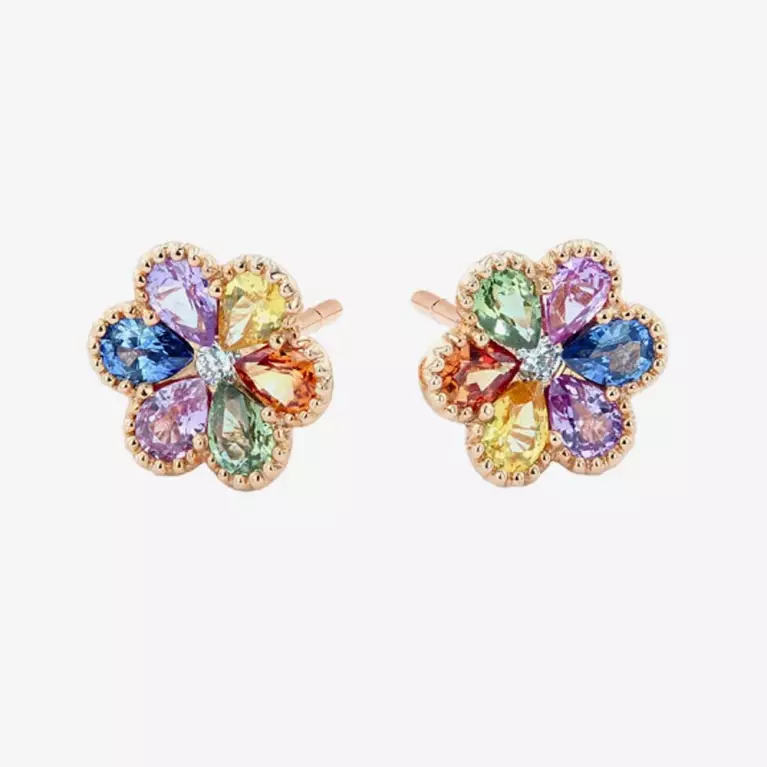 18ct Rose Gold Multi Colour Sapphire Flower Stud Earrings 