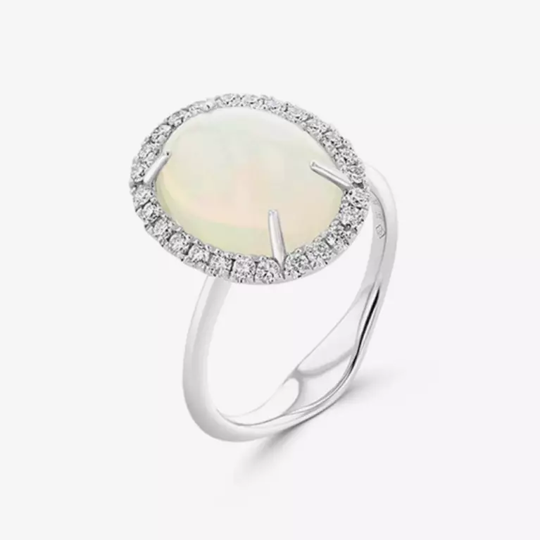 18ct White Gold Oval Opal & Diamond Cluster Dress Ring