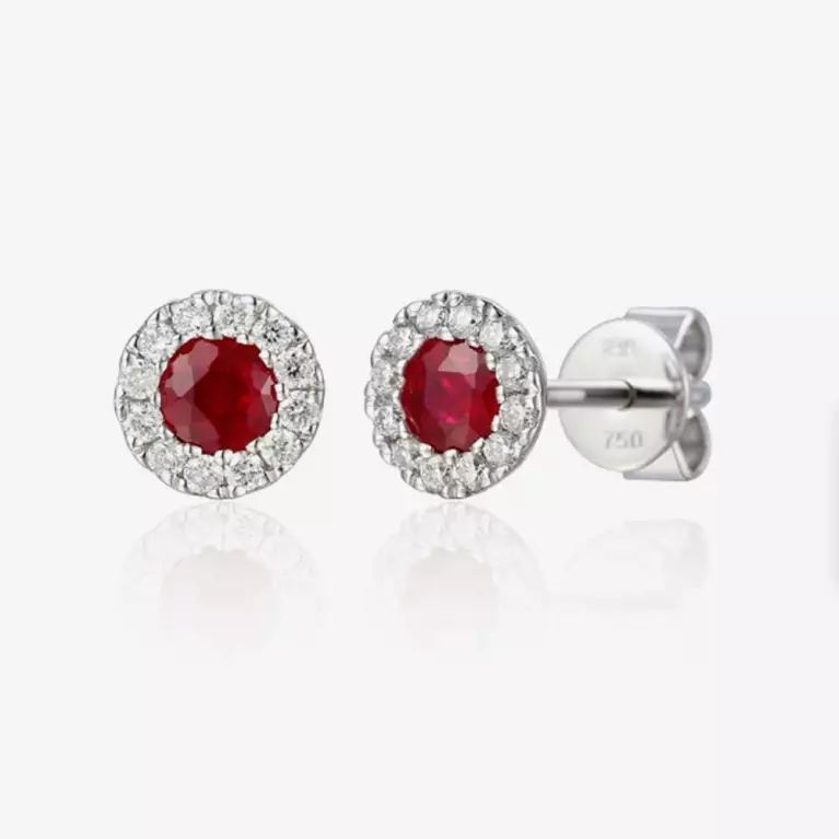 18ct White Gold Ruby & Diamond Round Cluster Stud Earrings