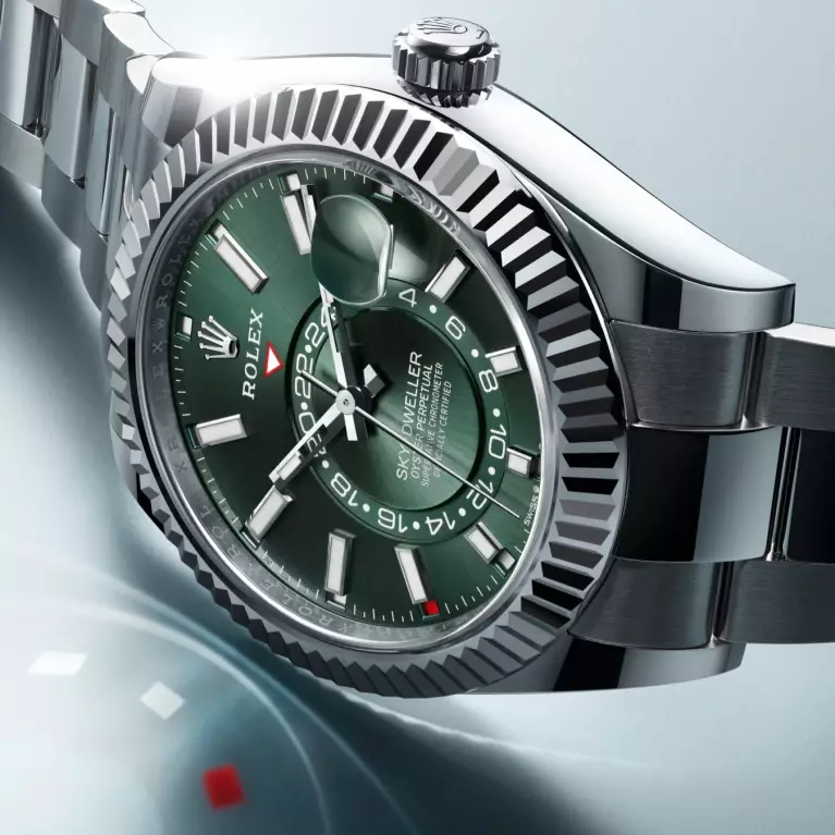 Rolex Sky-Dweller with a white gold case and a mint green dial