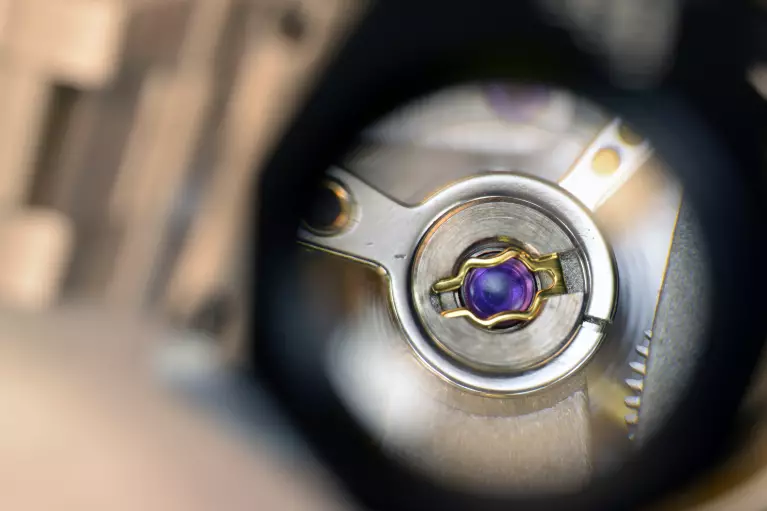 A close look at the crystal of watch movement