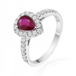 White Gold Pear Cut Ruby & Diamond Halo Ring