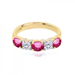 18ct Yellow Gold Ruby Diamond Five Stone Ring flat view showing inside of the ring and front view of 3 rubies and 2 diamonds