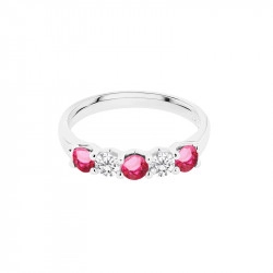 Platinum Ruby & Diamond Five Stone Ring flat view showing inside the ring band and gemstones front on