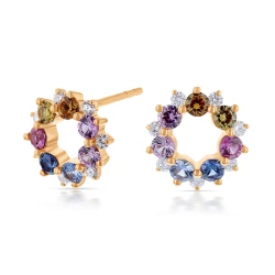 18ct Rose Gold Multi Coloured Sapphire & Diamond Circle Earrings Angled View