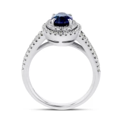 18ct White Gold 1.36ct Oval Sapphire & Double Halo Diamond Ring upright