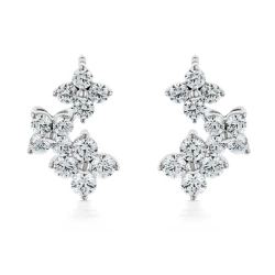 18ct White Gold & Diamond Staggered Flower Cluster Drop Earrings