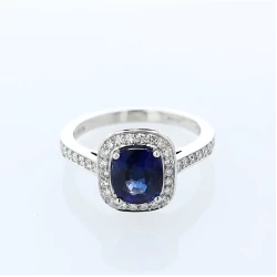 18ct White Gold Cushion Sapphire & Diamond Halo Style Ring