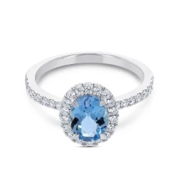 18ct White Gold Oval Aquamarine & Diamond Cluster Style Ring
