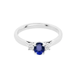 18ct White Gold Oval Sapphire & Brilliant Cut Diamond Three Stone Ring