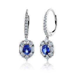 18ct White Gold Oval Sapphire & Diamond Drop Earrings Angled View