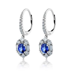 18ct White Gold Oval Sapphire & Diamond Drop Earrings Side View