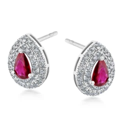 18ct White Gold Pear Ruby & Diamond Double Halo Design Stud Earrings