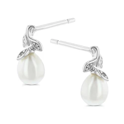 Pearl & Diamond Leaf Design Drop Earrings side view