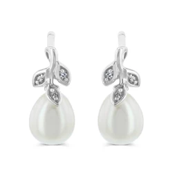 Pearl & Diamond Leaf Design Drop Earrings