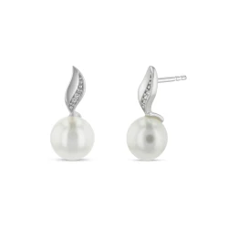 9ct White Gold Freshwater Pearl & Diamond Wave Top Earrings front and side view