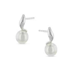 9ct White Gold Freshwater Pearl & Diamond Wave Top Earrings side view