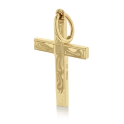 9ct Yellow Gold Hand Engraved Cross angled side view