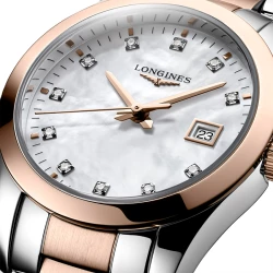 Conquest Classic 29.5mm Two Tone Mother-of-Pearl & Diamond dial close up