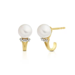 Curved 18ct Yellow Gold Freshwater Pearl & Diamond Earrings angled