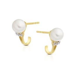 Curved 18ct Yellow Gold Freshwater Pearl & Diamond Earrings side