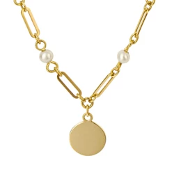 Gold Pearl Chain Necklace with Disc Pendant Close Up