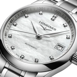 Longines Master 34mm Mother of Pearl Diamond Dial close up