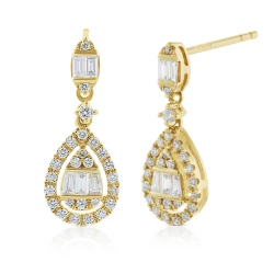 Pear Drop Yellow Gold Diamond Earrings Front And Side Angle View