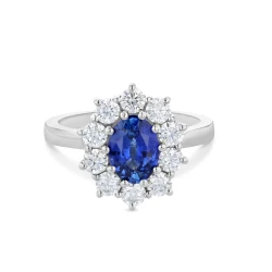 Platinum 1.29ct Oval Sapphire and Diamond Cluster Ring Flat
