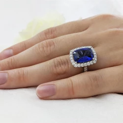 Platinum Cushion 3.30ct Sapphire & Diamond Cluster Ring on Hand