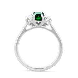 Platinum Octagonal 0.69ct Emerald and Diamond Three Stone Ring upright