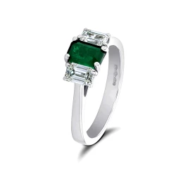 Platinum Octagonal 0.69ct Emerald and Diamond Three Stone Ring