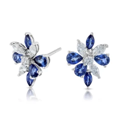 Sapphire and Diamond Cluster Earring in 18k White Gold Angled View