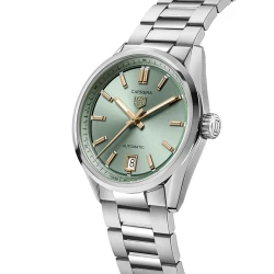 TAG Heuer Carrera Date pastel green dial angled view