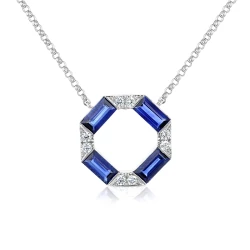 White Gold 0.90ct Sapphire and Diamond Hexagon Pendant Close Up