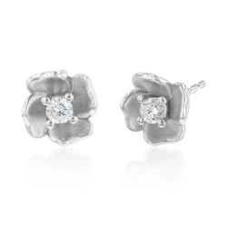 White Gold and Diamond Blossom Earrings one front facing and one angled