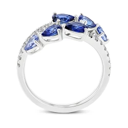 White gold and graduated sapphire diamond shoulder cross over ring profile view