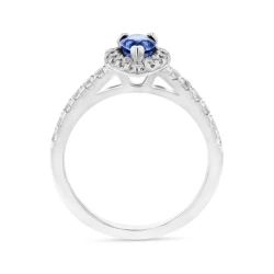 White Gold Diamond Sapphire Halo Ring upright profile view