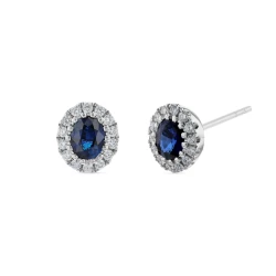 White Gold Oval Sapphire & Diamond Cluster Earrings angled view