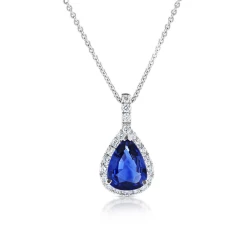 White Gold Pear Cut Sapphire and Diamond Cluster Pendant Necklace Close Up