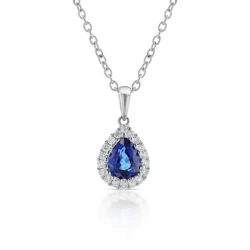 White Gold pear drop Sapphire & Diamond Pendant close up