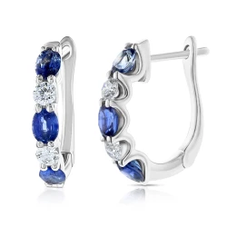 White Gold Sapphire & Diamond Hoop Earrings Front and Angled View