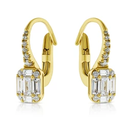 Yellow Gold Baguette Diamond Dangle Hoop Earrings angled outward view